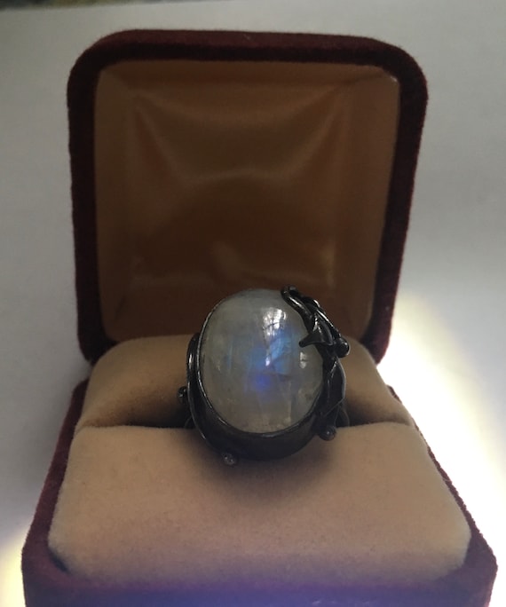 Natural rainbow moonstone sterling signed ring cir