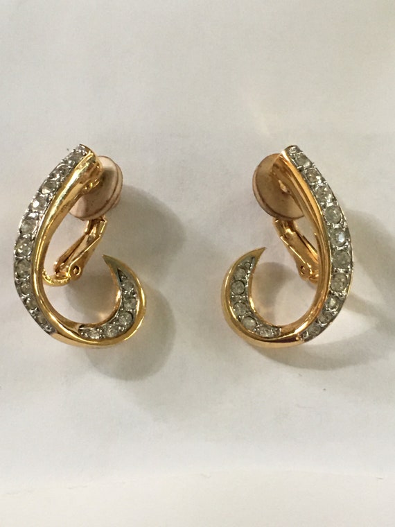 Nina Ricci clip on gold and rhinestone earrings c… - image 1