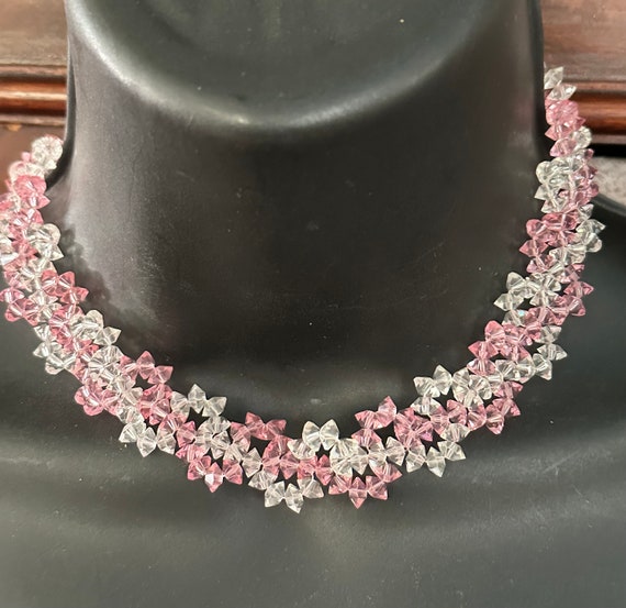 A Pink and clear bicone crystal woven necklace, b… - image 3
