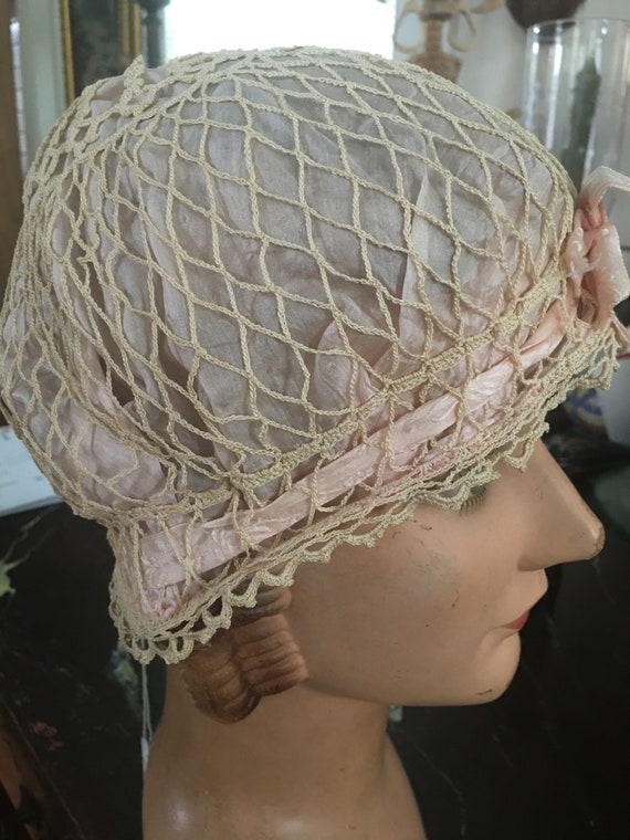 Pink silk nightcap, cloche,hat,handmade, circa 19… - image 2