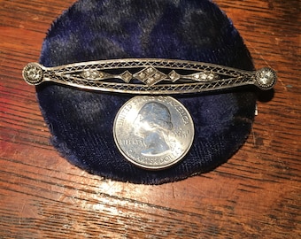 Sterling filigree rhinestone art deco bar pin circa 1920