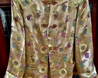 Gold Rayon satin brocade, Chinese evening jacket hand tailored in Hong Kong circa 1960s