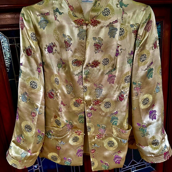 Gold Rayon satin brocade, Chinese evening jacket hand tailored in Hong Kong circa 1960s