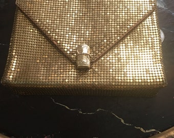 Whiting and Davis 1970s clutch, shoulder bag purse in gold metal mesh