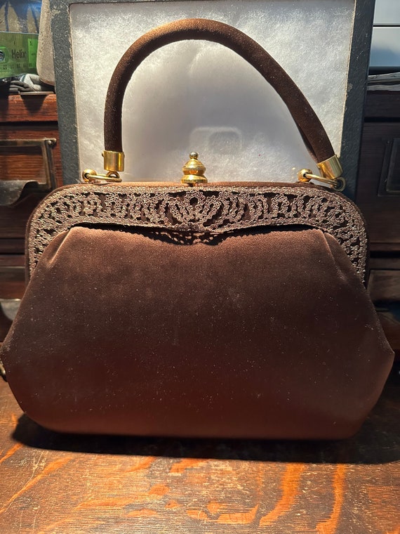 Roberta De Camerino,made in Italy,silk handbag circa 1960s chocolate peau de soie finish