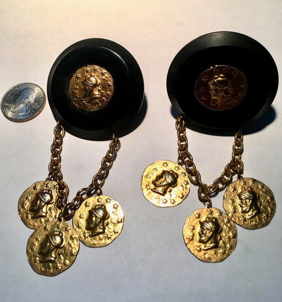 Bakelite button repurposed coin clip on earrings … - image 1