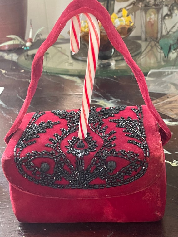 Red velvet black beaded box purse, handbag with sa