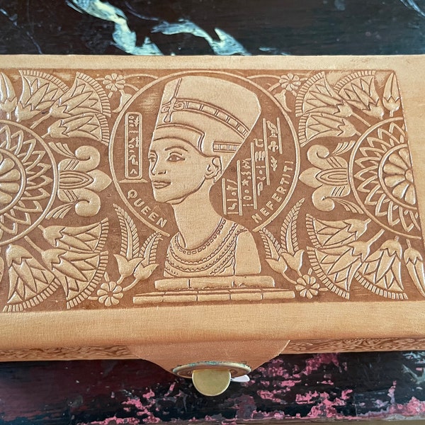 1960s hand tooled leather Nefertiti cigarette box