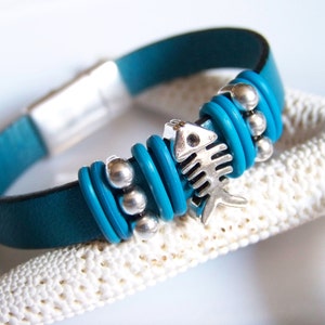 Teal Leather Fish Bone Focal Bracelet - Item R6247