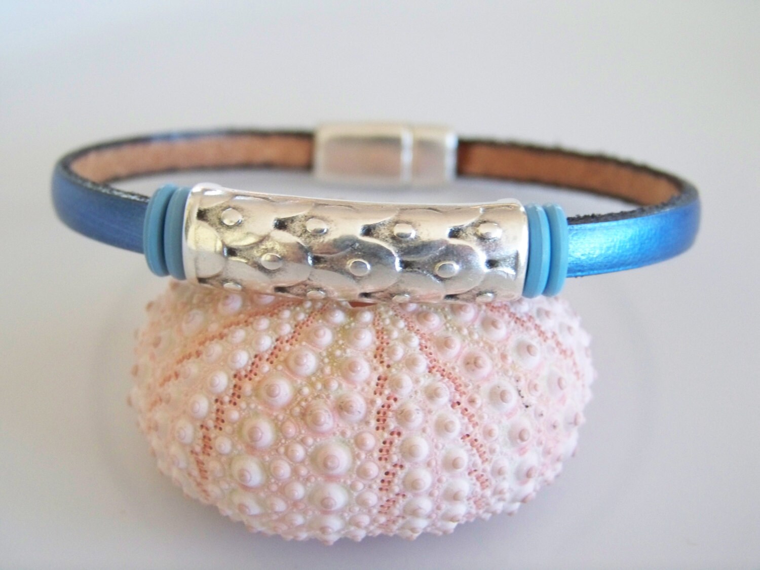 Metallic Blue Leather Textured Bar Focal Bracelet Item R2469 - Etsy