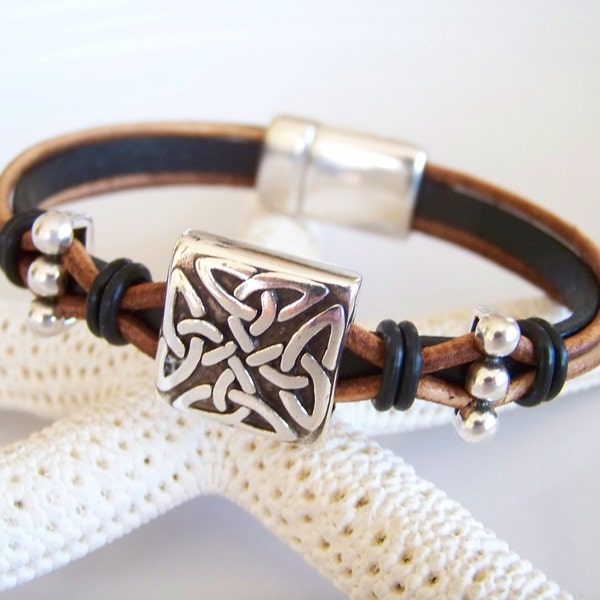 Black and Tan Leather Celtic Focal Bracelet - Item R5994