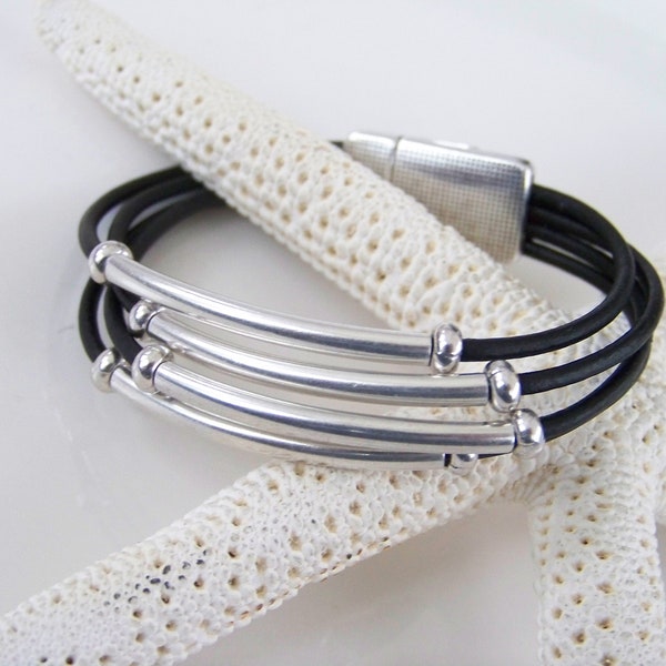 Black Leather Cord and Silver Tube Bracelet - R7931