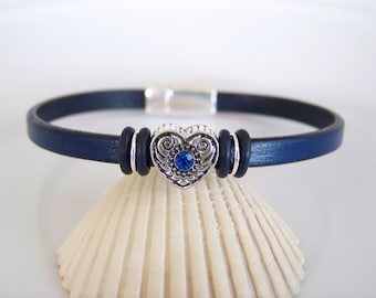Dark Blue Leather Crystal Heart Bracelet - Item R6373