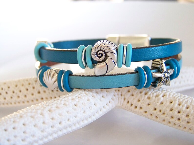 Aqua and Teal Leather Beach Seashell Bracelet Item R6288 | Etsy