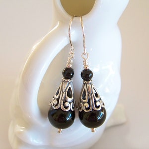Black Onyx Gemstone and Sterling Silver Drop Earrings - Item E2206