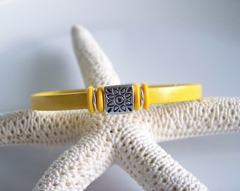 Lemon Yellow Leather Etched Flower Focal Bracelet - Item R4160