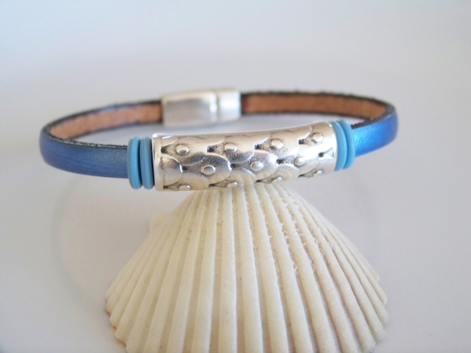 Metallic Blue Leather Textured Bar Focal Bracelet Item R2469 - Etsy