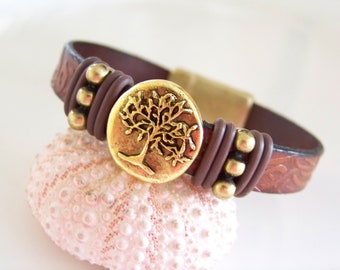 Gold and Brass Tree of Life Focal Leather Bracelet