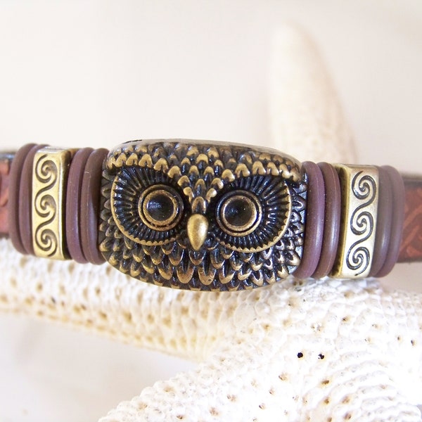 Brass Owl Focal Leather Bracelet