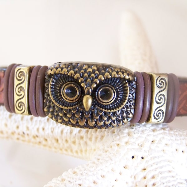 Brass Owl Focal Leather Bracelet