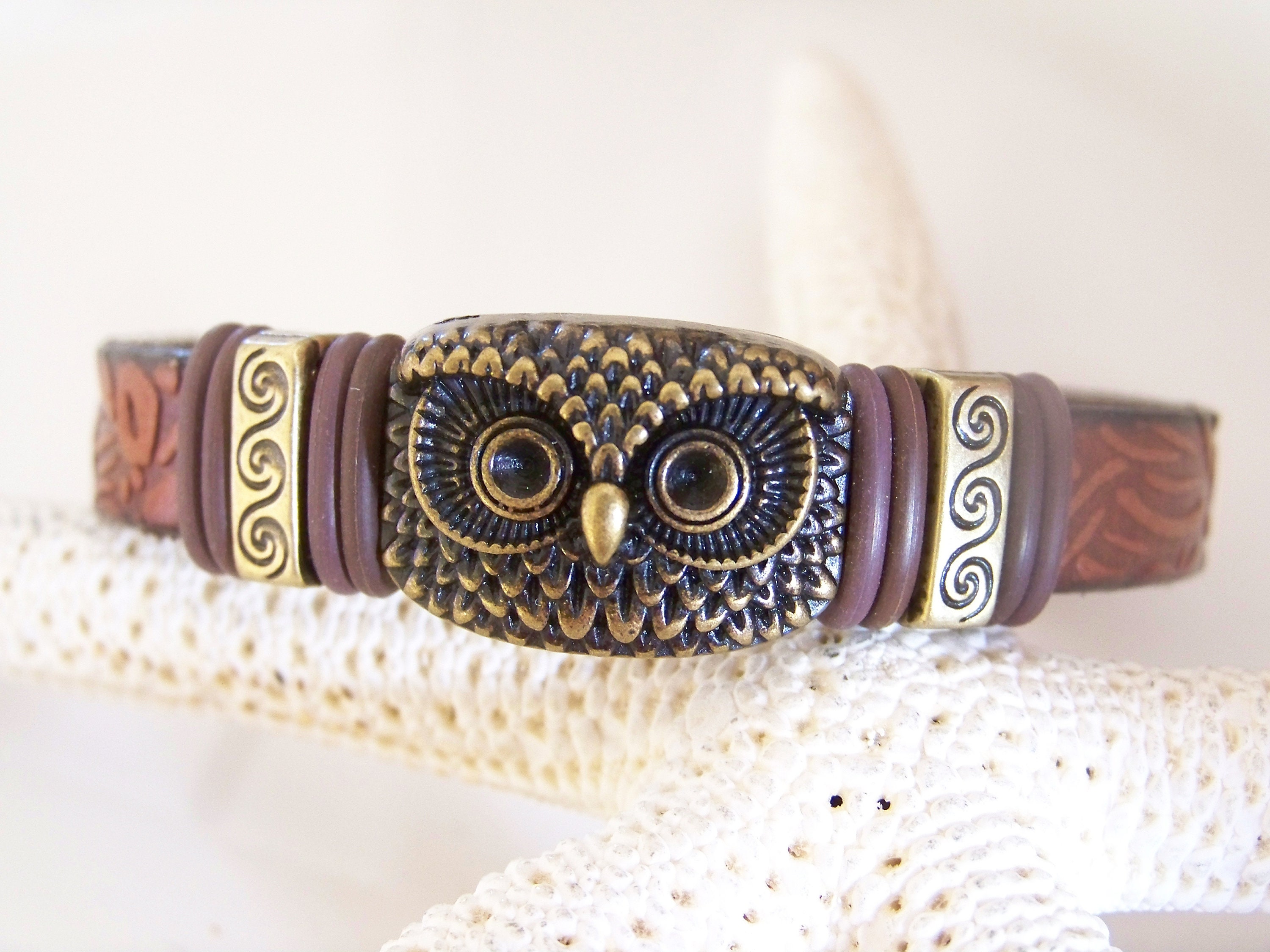 Brass Owl Focal Leather Bracelet