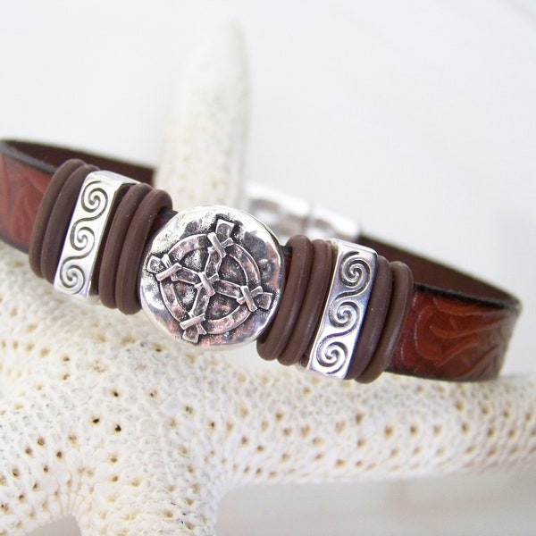 Celtic Cross Focal Leather Bracelet - Item R9051