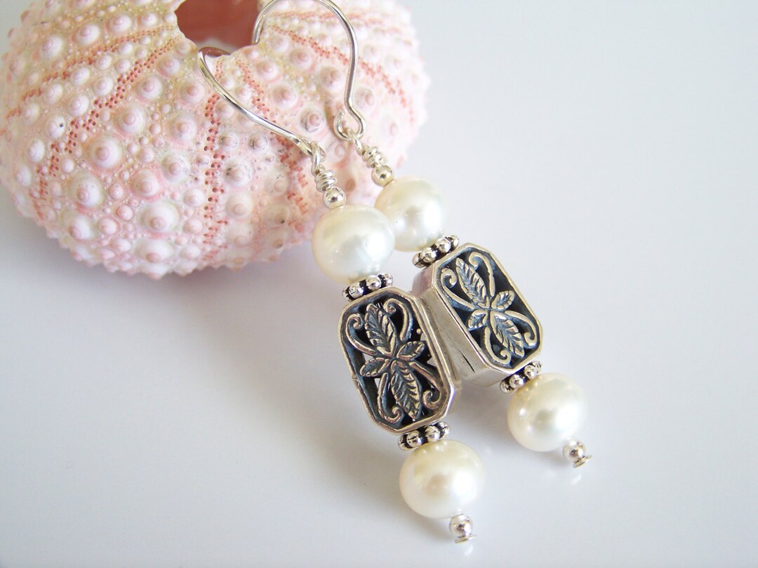 Freshwater Pearls and Sterling Silver Bali Bead Earrings - Etsy