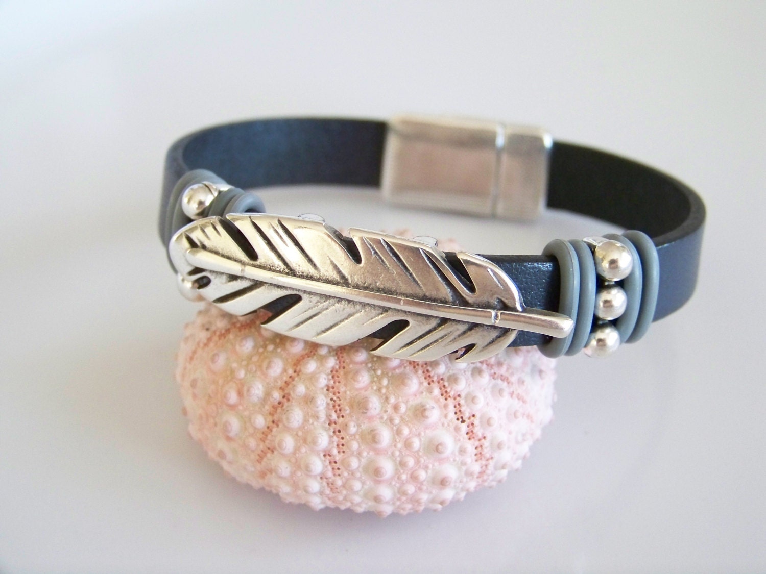 Gray Leather Feather Focal Bracelet Item R3305 - Etsy