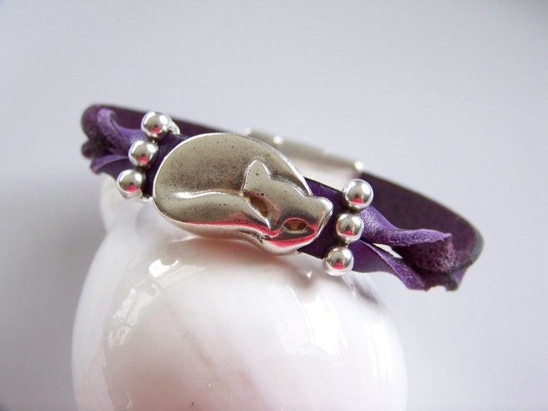 Purple Leather Sleeping Cat Fox Focal Bracelet Item 4129 image 1