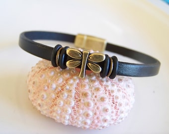 Brass Dragonfly Leather Bracelet
