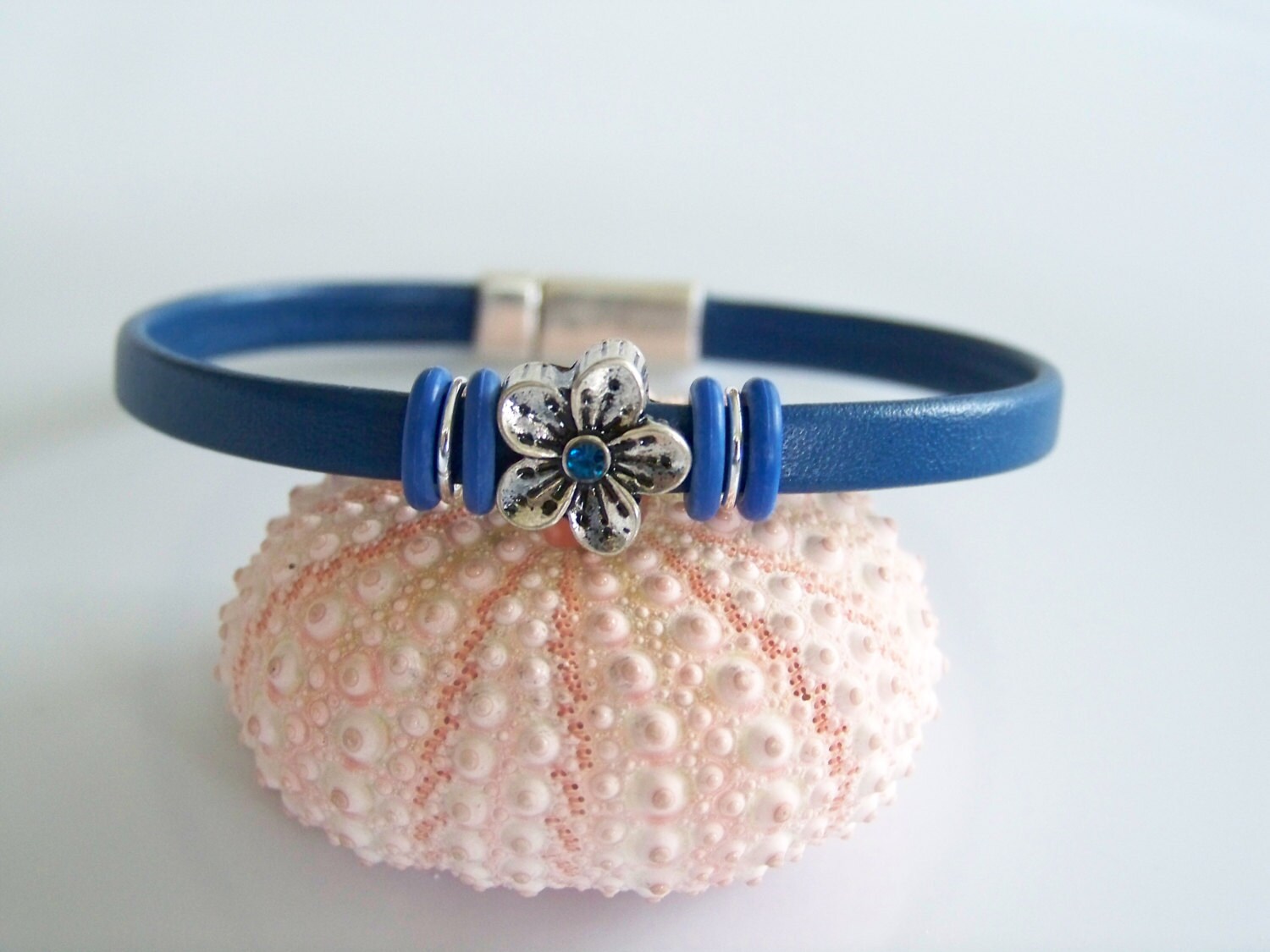 Blue Leather Flower Focal Bracelet Item R1694 | Etsy