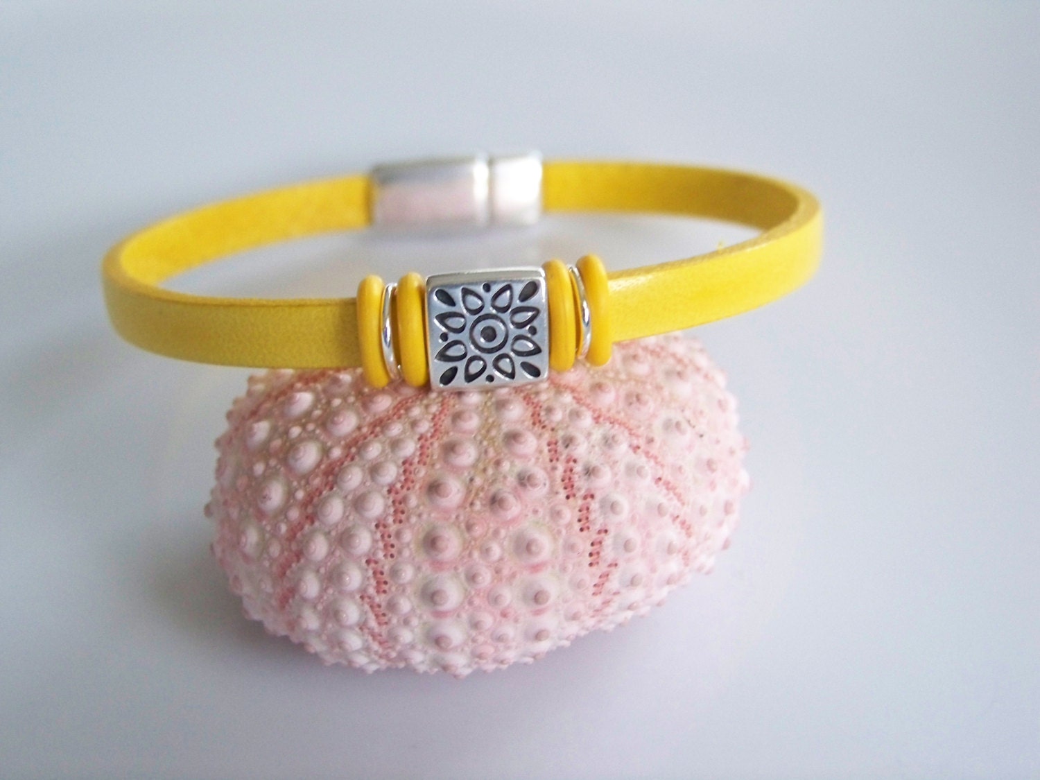 Lemon Yellow Leather Etched Flower Focal Bracelet Item R4160 - Etsy