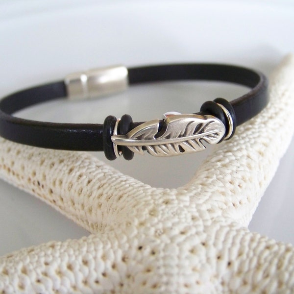 Black Leather Feather Focal Bracelet - Item R2674