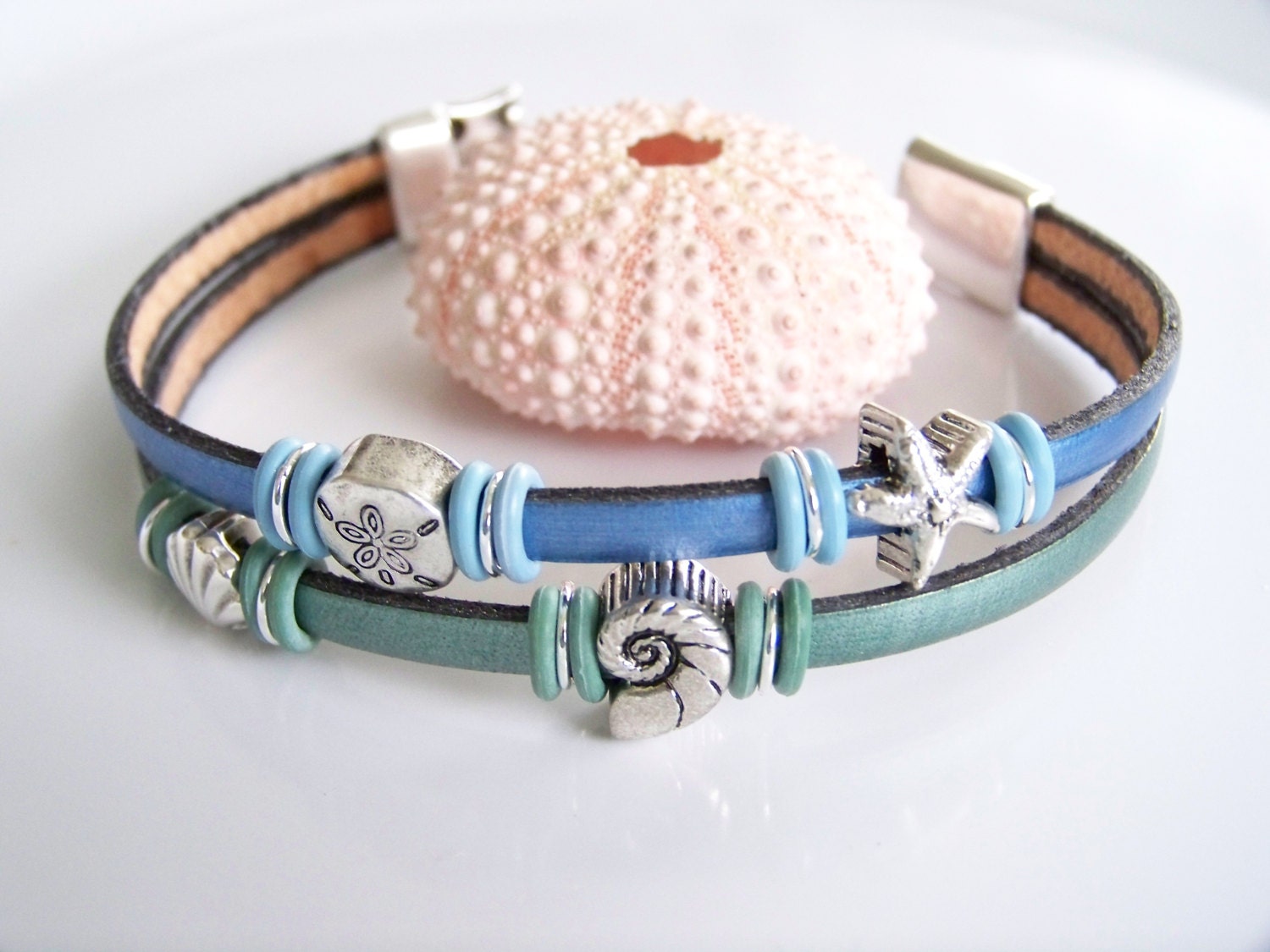 Metallic Green and Blue Beach Theme Leather Bracelet Item - Etsy