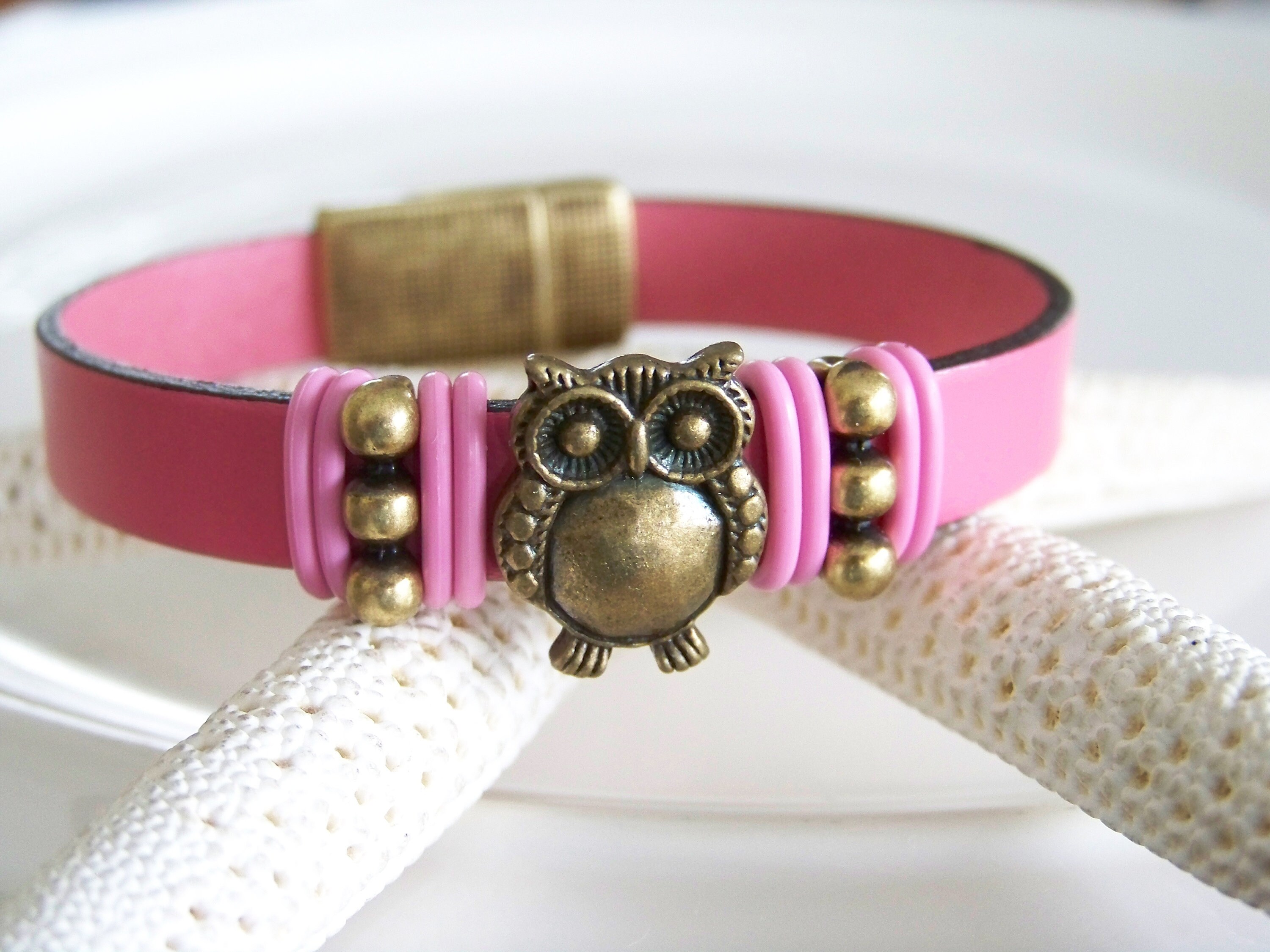 Brass Owl Focal Leather Bracelet