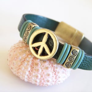 Brass Peace Sign Focal Leather Bracelet
