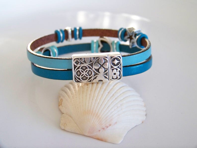 Aqua and Teal Leather Beach Seashell Bracelet Item R6288 | Etsy