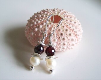 Garnet Gemstone and Freshwater Pearl Drop Earrings