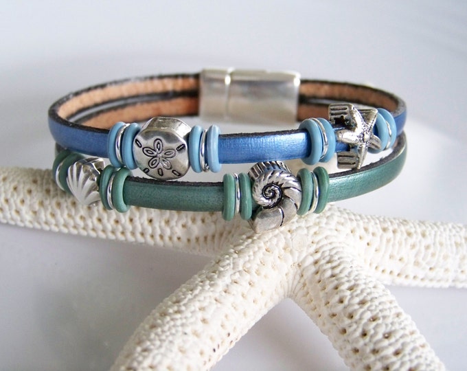 Metallic Green and Blue Beach Theme Leather Bracelet Item R4151 - Etsy