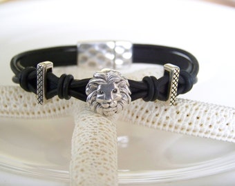 Black Leather Lion Head Focal Bracelet - Item R9072