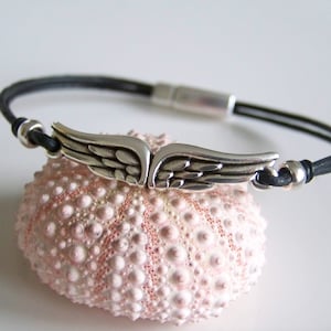 Black Leather Cord Angel Wings Bracelet- R8364