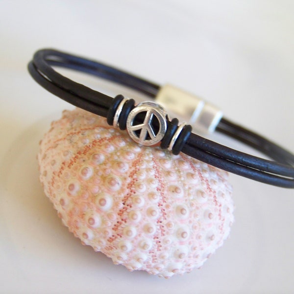 Black Leather Cord Peace Sign Bracelet