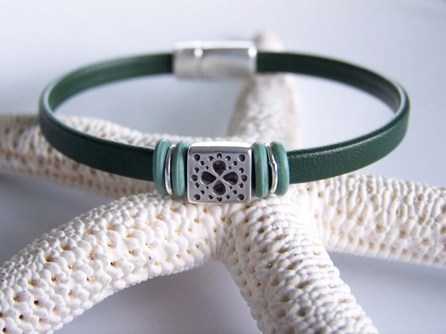 Forest Green Leather Etched Square Focal Bracelet Item R4161 - Etsy