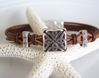 Brown and Tan Leather Celtic Focal Bracelet - Item R6021