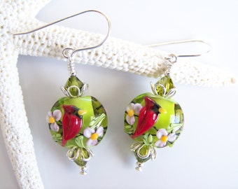 Artisan Lampwork Cardinal Bird and Crystal Earrings (green) - Item E1929