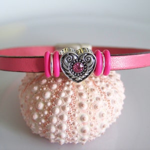 Pink Leather Crystal Heart Bracelet Item R3643 - Etsy