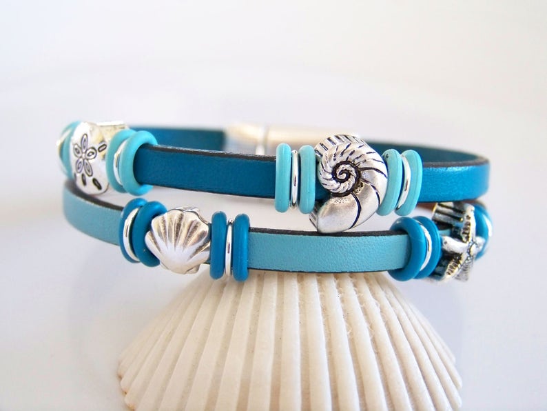 Aqua and Teal Leather Beach Seashell Bracelet Item R6288 | Etsy