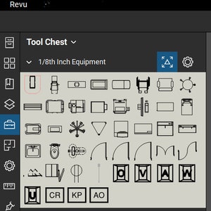 May include: A black and white image of a tool chest with a variety of 1/8th inch equipment icons. The icons include furniture, appliances, and other household items. The icons are organized in rows and columns. The text "Tool Chest" and "1/8th Inch Equipment" are visible at the top of the image.