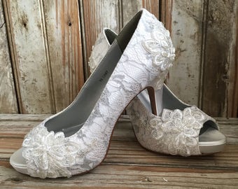 Platform Open Toe Bridal Heel Open Toe Wedding Pump Platform Lace Bridal Shoe Silver Trim Prom Platform Open Toe Pumps