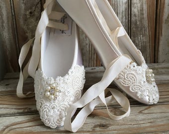 Ballet Bridal Flat Ribbon Ankle Tie Pearl Rhinestone Ballet Flat Wedding Shoe Bridal Ballet Flat Shoe